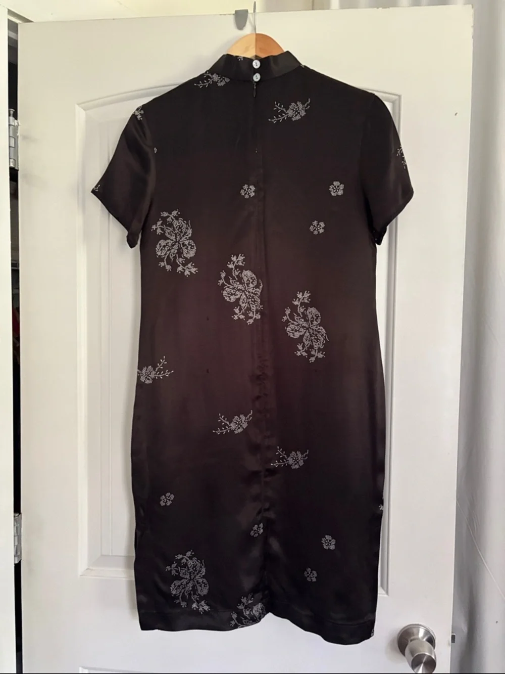Celine Black Satin Cheongsam Midi Dress with Silver Floral Motifs - Picture 3 of 5